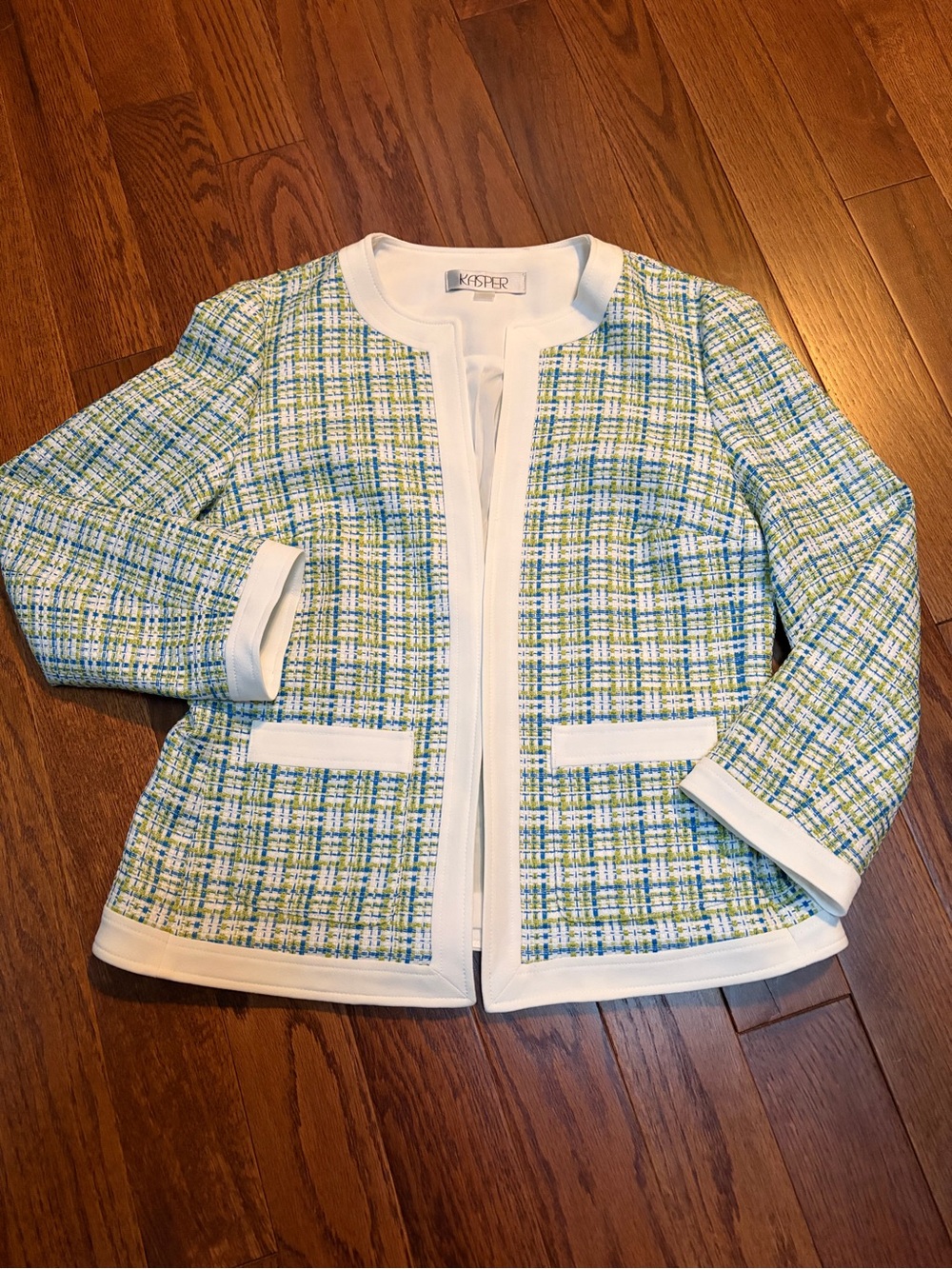 Kasper Womens Green & Blue Tweed Jacket with White Trim size 4